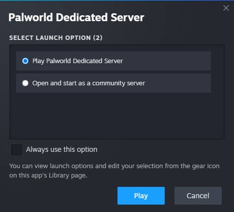 Select Play Palworld Dedicated Server